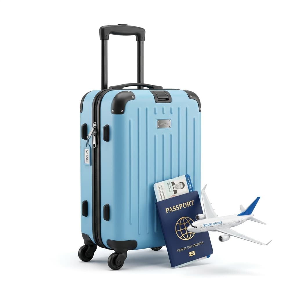 3D travel suitcase, airplane, and passport